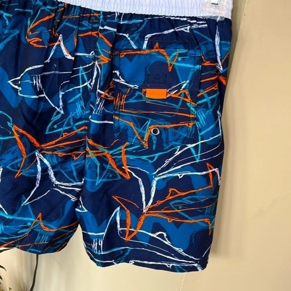 Brand New Oshkosh Swim Shorts Navy Blue Orange Graphic Shark Print Swim Trunks